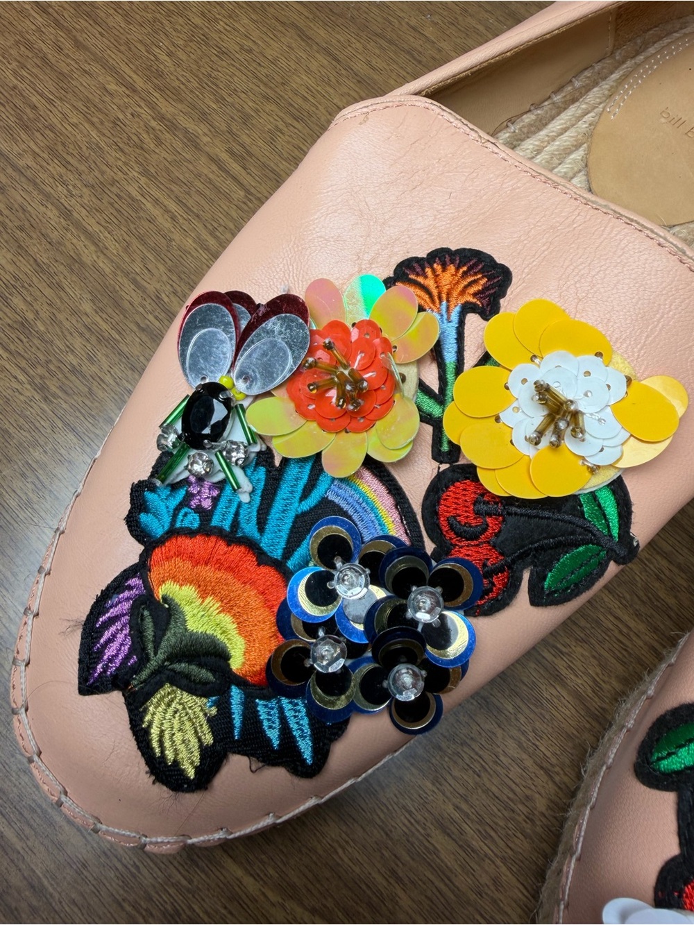 Bill Blass Floral Embellished Leather Espadrille Loafers Pink Shoes Size 9 - Picture 8 of 12